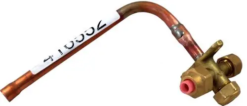 Absperrhahn aus Kupfer und Messing mit einem gebogenem Rohr und zwei Anschlussmuttern, geeignet für Flüssigkeitsleitungen, hergestellt von Wolf.
